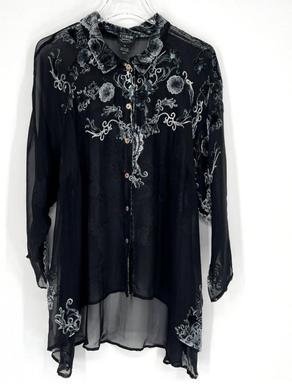 Citron Santa Monica Blouse Women 1X Velvet Burnout Tunic Floral Black Silk Blend